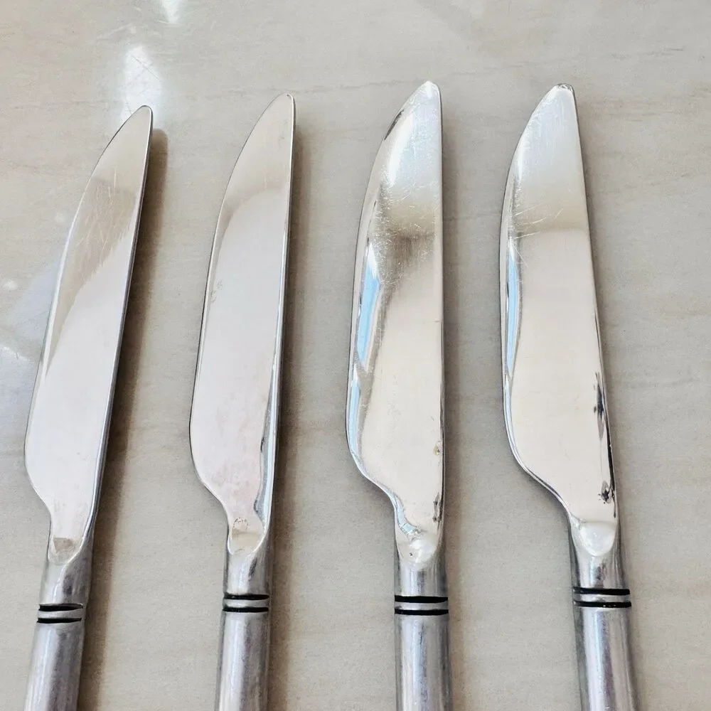 4pc Pier 1 Steak Knife 9” 18/8 Stainless Serrated Satin Ribbed/Bamboo Handle